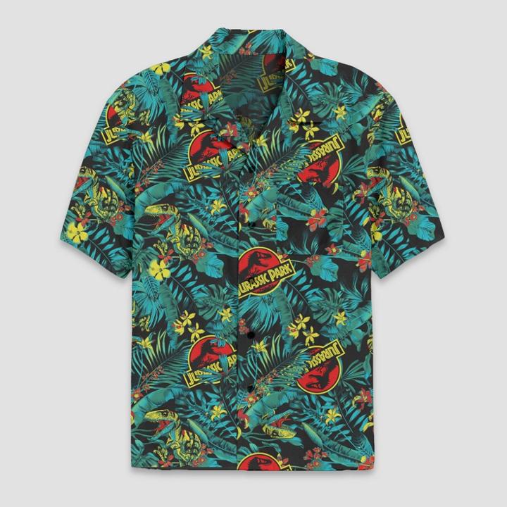 Jurassic Park Men's Jurassic Tropical Short Sleeve Graphic Button-down Shirt - Black/green