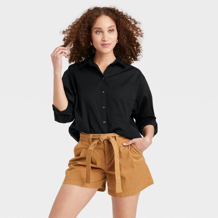 Women's Long Sleeve Oversized Button-down Boyfriend Shirt - A New Day Black