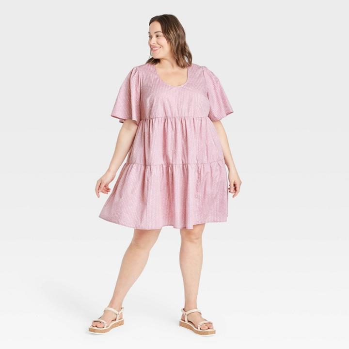 Women's Plus Size Flutter Short Sleeve Tiered Dress - A New Day Purple