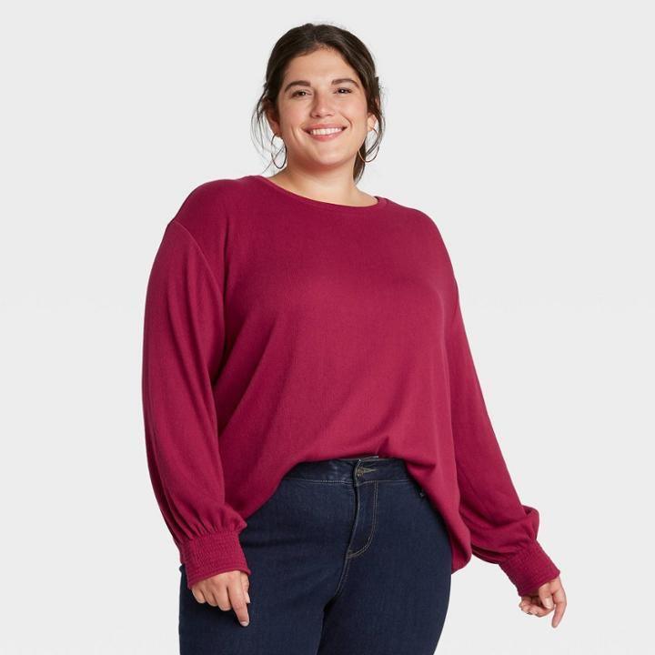 Women's Plus Size Smocked Cuff Sweatshirt - Ava & Viv Pink X
