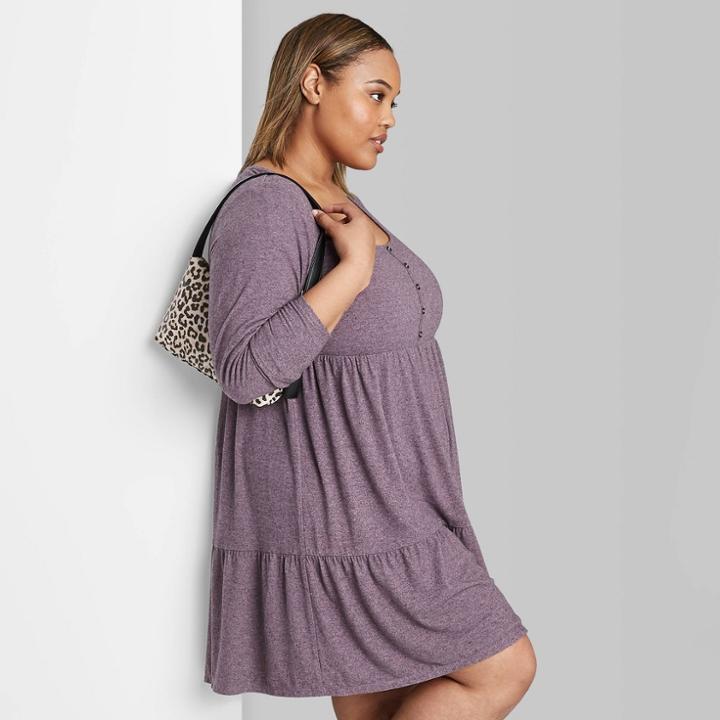 Women's Plus Size Long Sleeve Round Neck Tiered Babydoll At Knee Dress - Wild Fable Purple 1x, Women's,