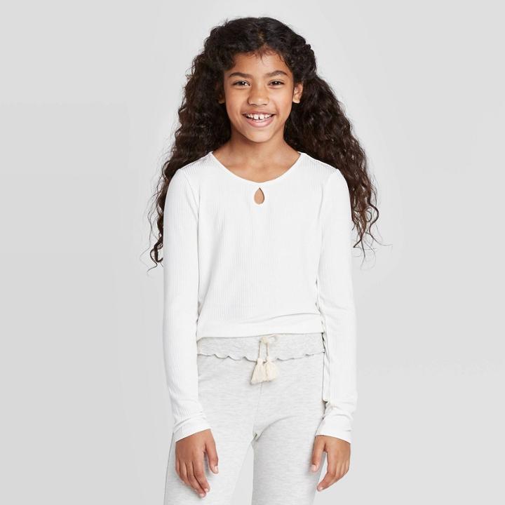 Girls' Long Sleeve Rib Key Hole Top - Art Class Cream S, Size: