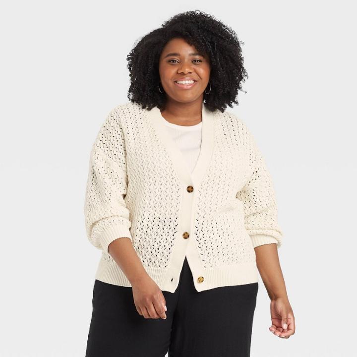 Women's Plus Size V-neck Button-front Cardigan - A New Day Cream