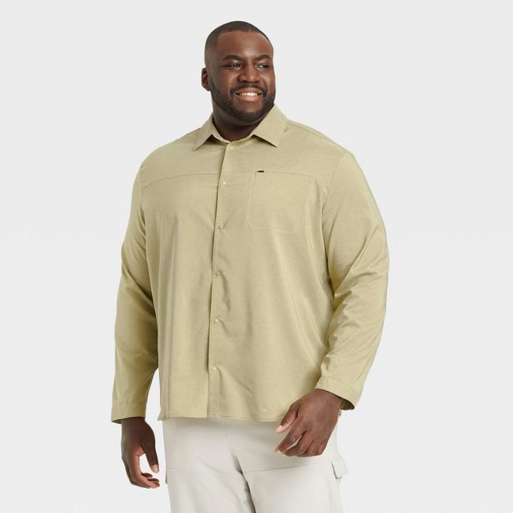 Men's Big & Tall Long Sleeve Woven Button-up Shirt - All In Motion Khaki