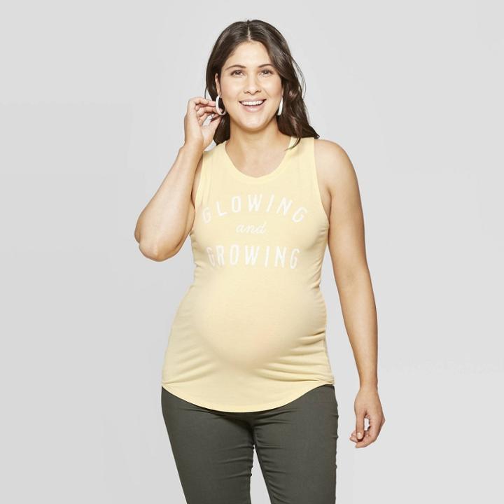 Maternity Sleeveless Scoop Neck Glowing And Growing Graphic Tank Top - Isabel Maternity By Ingrid & Isabel Yellow