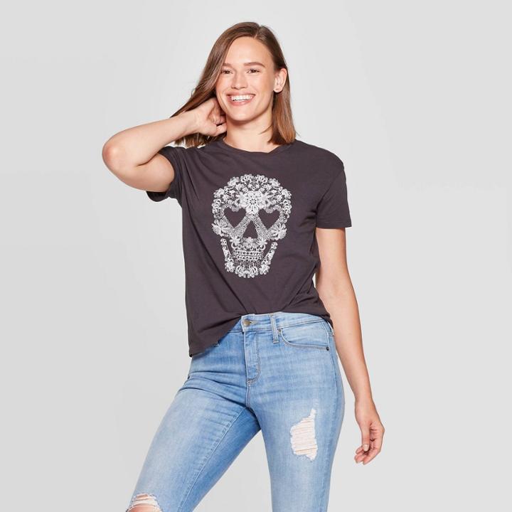 Petitewomen's Lacey Skeleton Skull Short Sleeve T-shirt - Fifth Sun (juniors') - Black