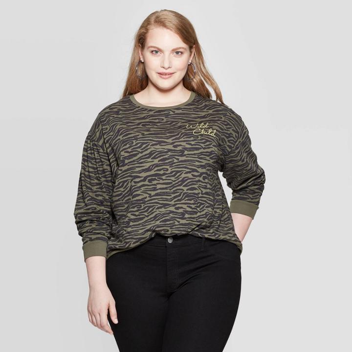 Women's Wild Child Zebra Plus Size Long Sleeve Cropped T-shirt - Grayson Threads (juniors') - Olive