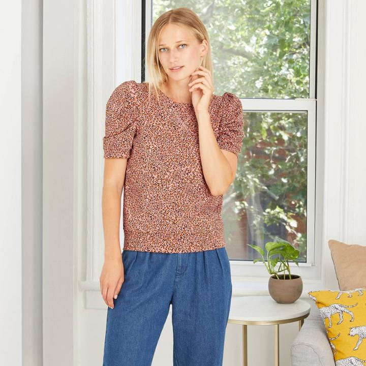 Women's Leopard Print 3/4 Ruffle Sleeve Sweatshirt - Who What Wear Black