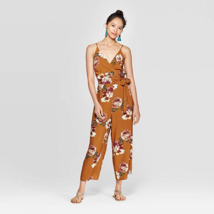 Women's Floral Print Sleeveless V-neck Wrap Jumpsuit - Xhilaration Mustard