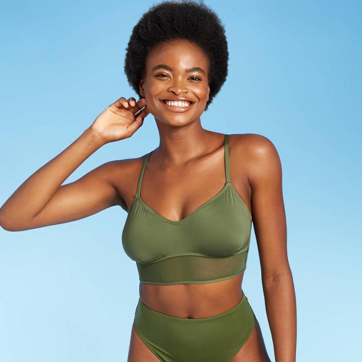 Women's Mesh Longline Bralette Bikini Top - Shade & Shore Palm Green D/dd Cup
