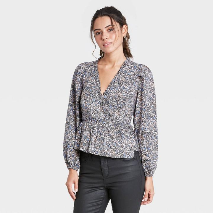 Women's Floral Print Balloon Long Sleeve Wrap Top - Universal Thread Blue