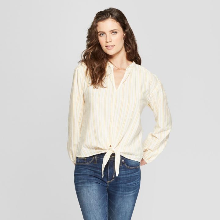 Women's Striped Long Sleeve Tie Front Top - Universal Thread Yellow