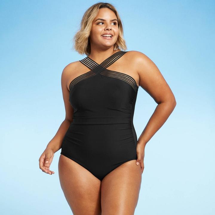 Women's Cross Front One Piece Swimsuit - Aqua Green Black