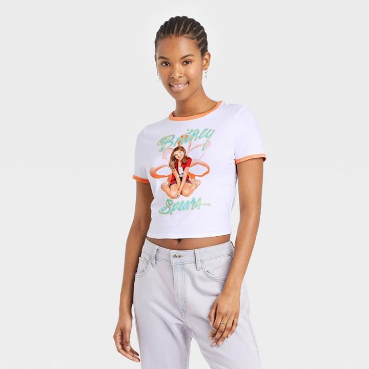Women's Britney Spears Ringer Baby Short Sleeve Cropped Graphic T-shirt - White