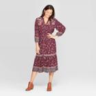 Women's Floral Print Long Sleeve V-neck Front Button-down Shift Midi Dress - Knox Rose Purple