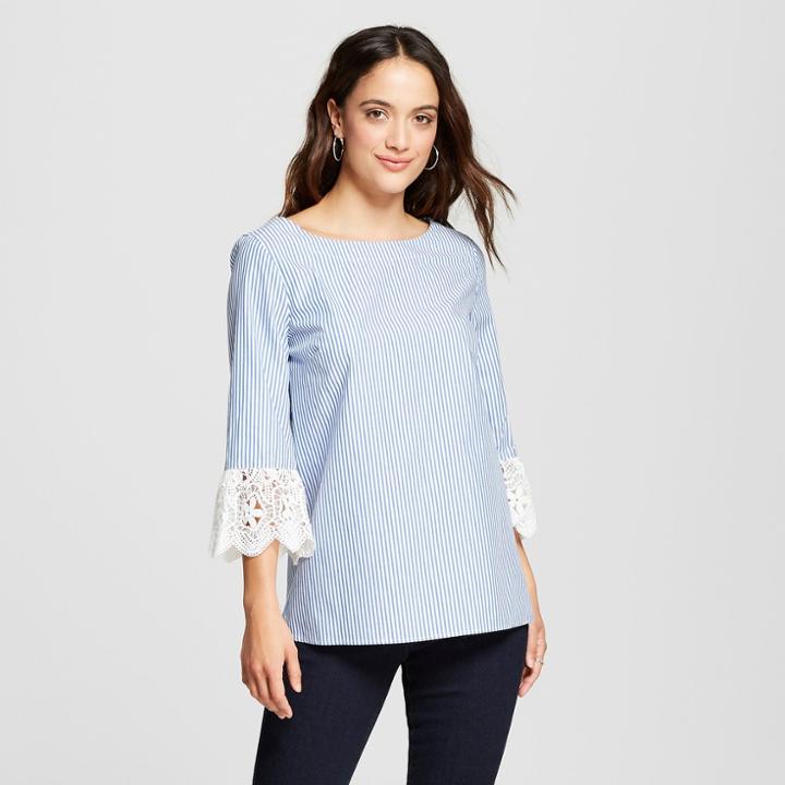 Women's Lace Bell Sleeve Top - Como Black - Blue