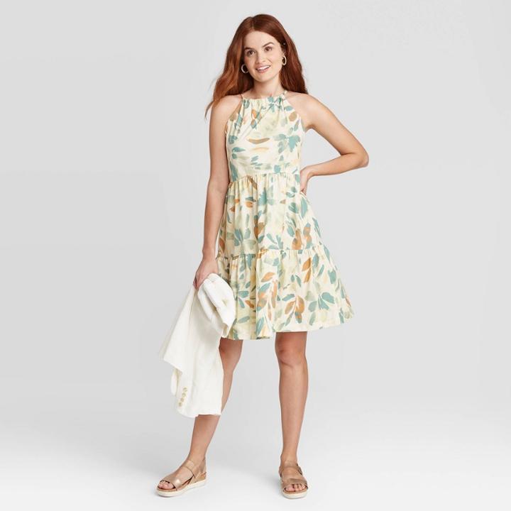Women's Floral Print Sleeveless Tiered Dress - A New Day Cream Xs, Women's, Beige