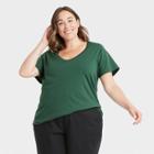 Women's Plus Size Short Sleeve V-neck Voop T-shirt - A New Day Green