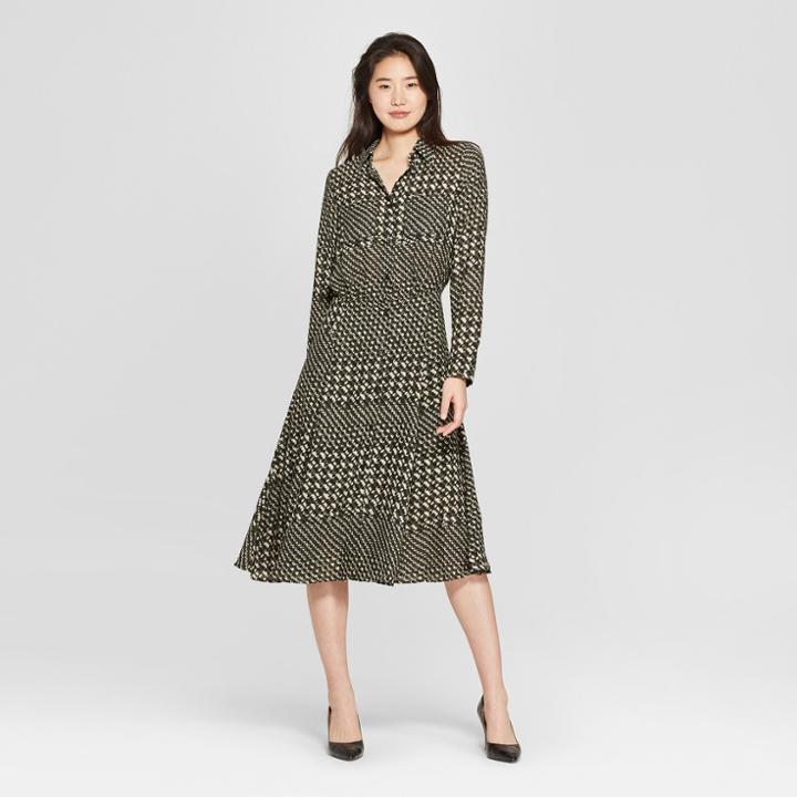 Women's Houndstooth Convertible Sleeve Midi Shirt Dress - Who What Wear Black/cream L, Black/cream Houndstooth
