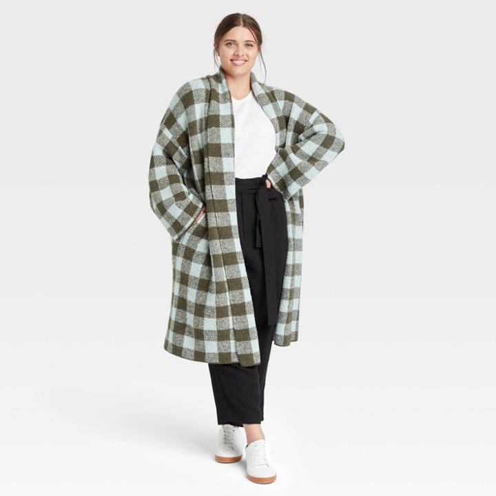 Women's Plus Size Open-front Sweater Cardigan - A New Day Green Plaid