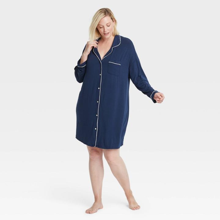 Women's Plus Size Beautifully Soft Notch Collar Nightgown - Stars Above Navy