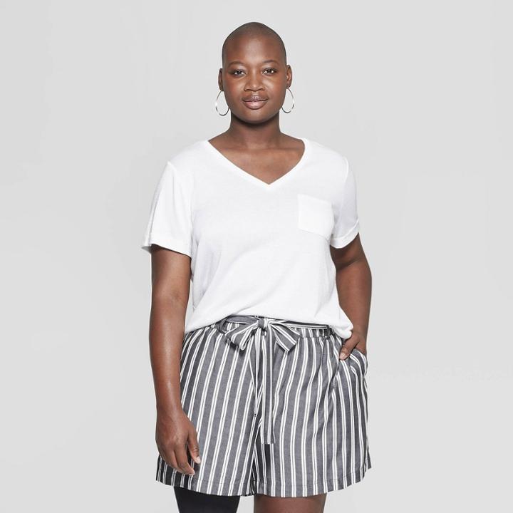 Women's Plus Size Pocket Short Sleeve Rolled Cuff V-neck T-shirt - Ava & Viv White