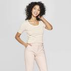 Women's Striped Regular Fit Scoop Neck T-shirt - A New Day Cream/rust (ivory/red)