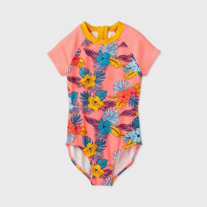 Girls' Short Sleeve Retro Surf Tropical One Piece Swimsuit - Art Class Coral