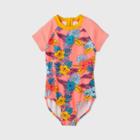 Girls' Short Sleeve Retro Surf Tropical One Piece Swimsuit - Art Class Coral