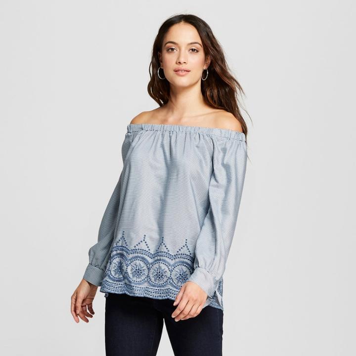 Johnpaulrichard Women's 3/4 Sleeve Embroidered Off The Shoulder Top - John Paul Richard - White/blue