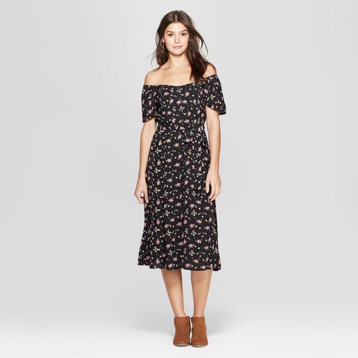 Women's Floral Print Short Sleeve Off The Shoulder Button Front Midi Dress - Xhilaration Black