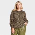 Women's Plus Size Leopard Print Balloon Long Sleeve Smocked Top - Who What Wear Brown