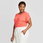 Women's Plus Size Short Sleeve Crewneck Cuffed Linen T-shirt - Ava & Viv Red X, Women's