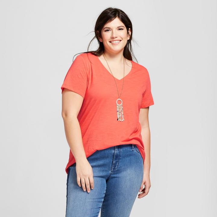 Women's Plus Size V-neck Short Sleeve T-shirt - Ava & Viv Orange