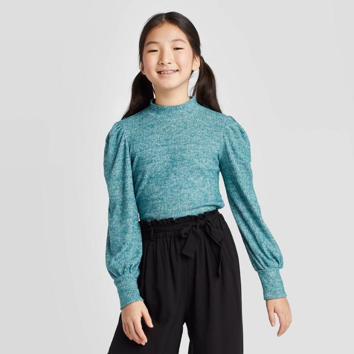 Girls' Long Sleeve Hacci Rib Shirt - Art Class Green S, Girl's,