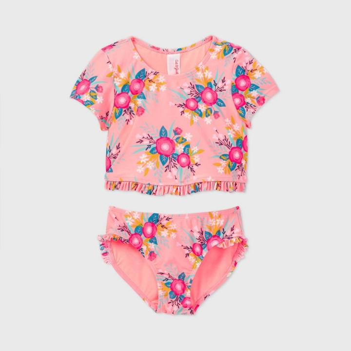 Girls' Short Sleeve 2pc Summer Blossom Bikini Set - Cat & Jack Coral