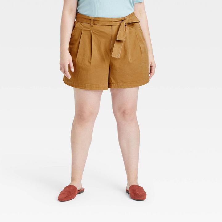 Women's Plus Size High-rise Pleat Front Shorts - A New Day Brown