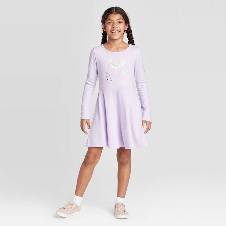 Girls' Long Sleeve Unicorn Knit Dress - Cat & Jack Lilac M, Girl's, Size: