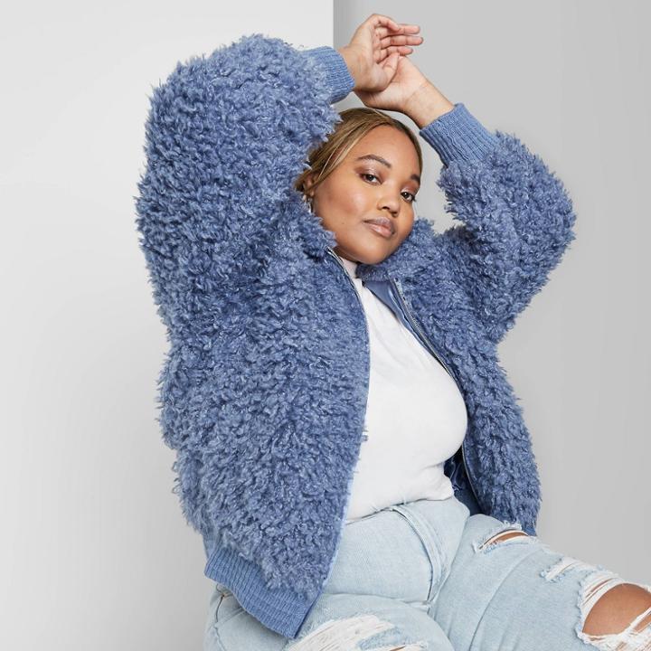 Women's Plus Size Long Sleeve Zip-up Sherpa Jacket - Wild Fable Blue 2x, Women's,