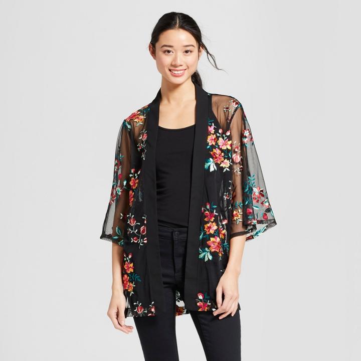 Women's Floral Print Embroidered Mesh Kimono - Notations Black/pink S, Black