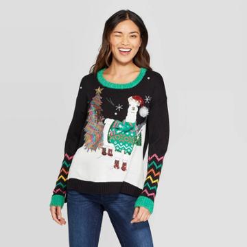 Women's Long Sleeve Llama Sweater - 33 Degrees (juniors') - Black