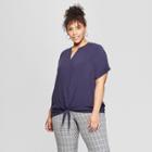 Women's Plus Size Tie Front Short Sleeve Blouse - Ava & Viv Navy (blue)