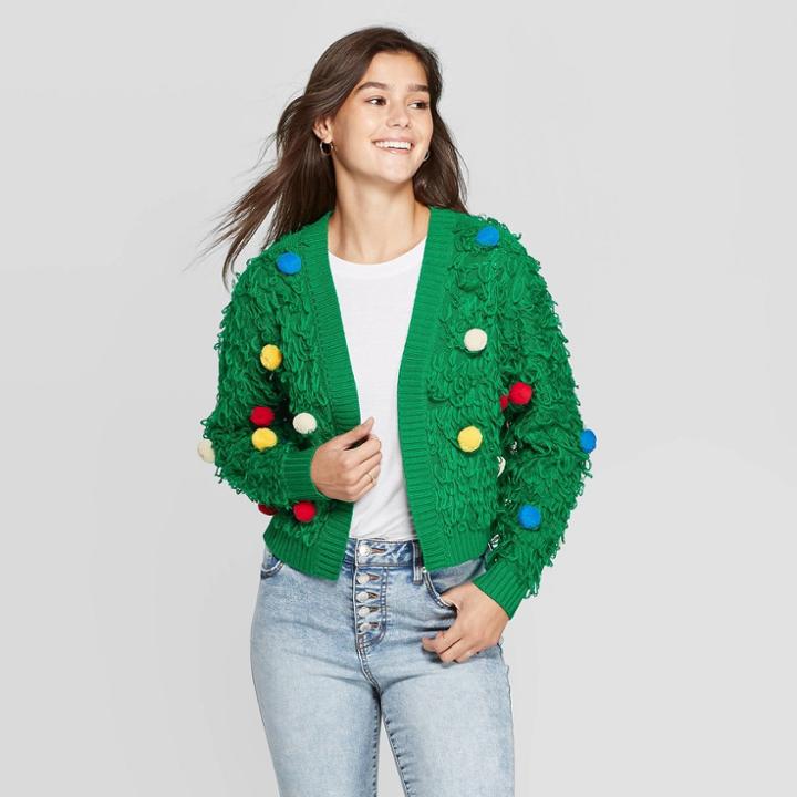 Mighty Fine Women's Loop With Poms Long Sleeve Sweater (juniors') - Green