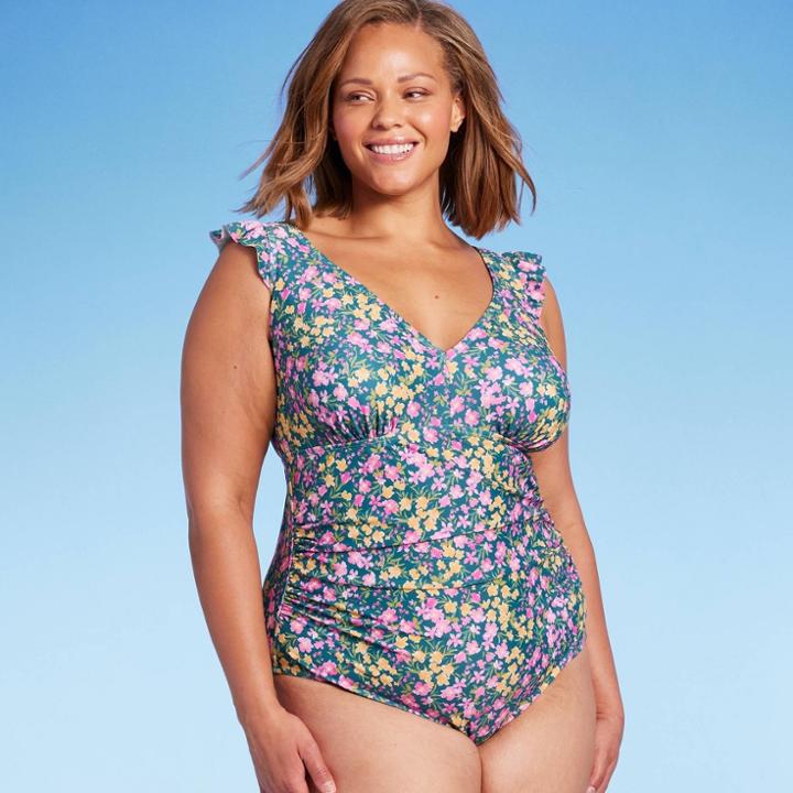 Women's Ruffle Shoulder Ruched High Coverage One Piece Swimsuit - Kona Sol Multi 14,