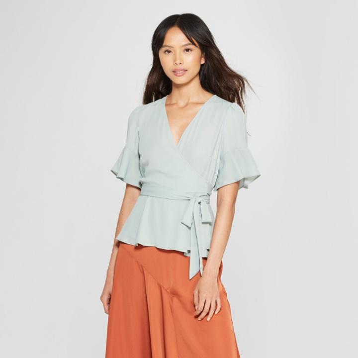 Women's Short Sleeve Ruffle Wrap Top - Who What Wear Green