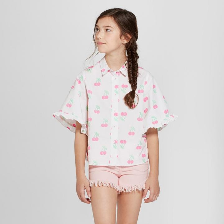 Girls' Ruffle Short Sleeve Cherry Print Woven Top - Art Class White
