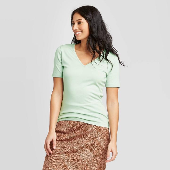 Women's Short Sleeve V-neck Fitted T-shirt - A New Day Mint Xs, Women's, Green