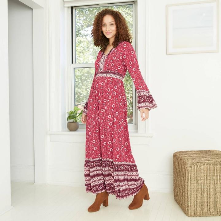 Women's Paisley Print Ruffle Long Sleeve Dress - Knox Rose Red