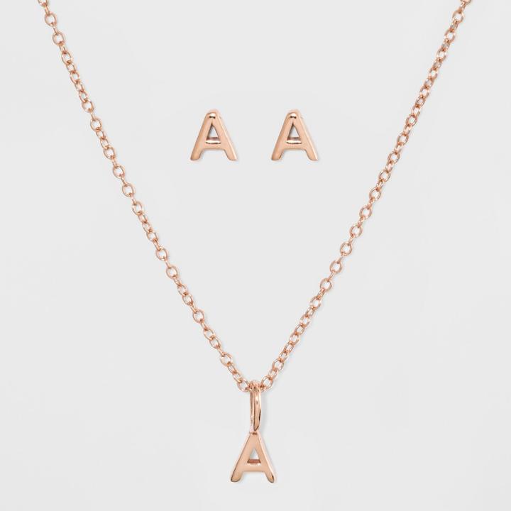 Sterling Silver Initial A Earrings And Necklace Set - A New Day Gold, Girl's, Gold - A