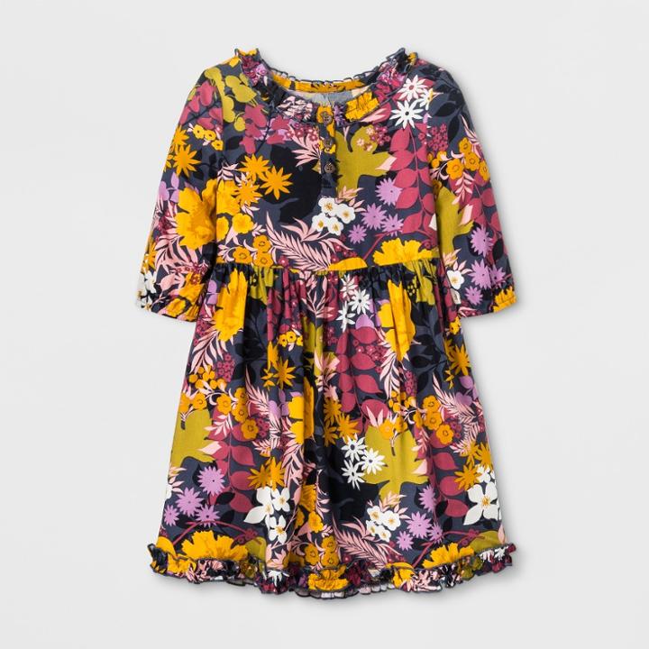 Toddler Girls' Long Sleeve Floral A-line Dress - Genuine Kids From Oshkosh Metallic Blue
